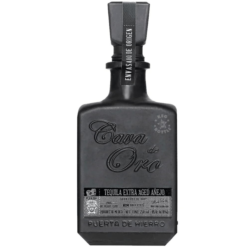 Cava de Oro Extra Aged Añejo Black Tequila 750mL presented in a distinctive matte black bottle.