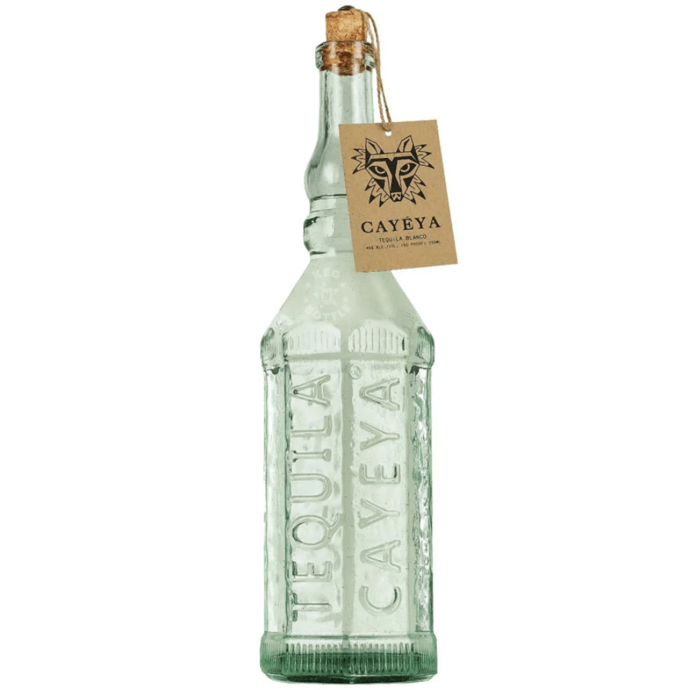 Cayeya Tequila Blanco 750mL clear embossed glass bottle featuring vertical TEQUILA CAYEYA lettering, a cork closure, and a decorative branded hang tag.