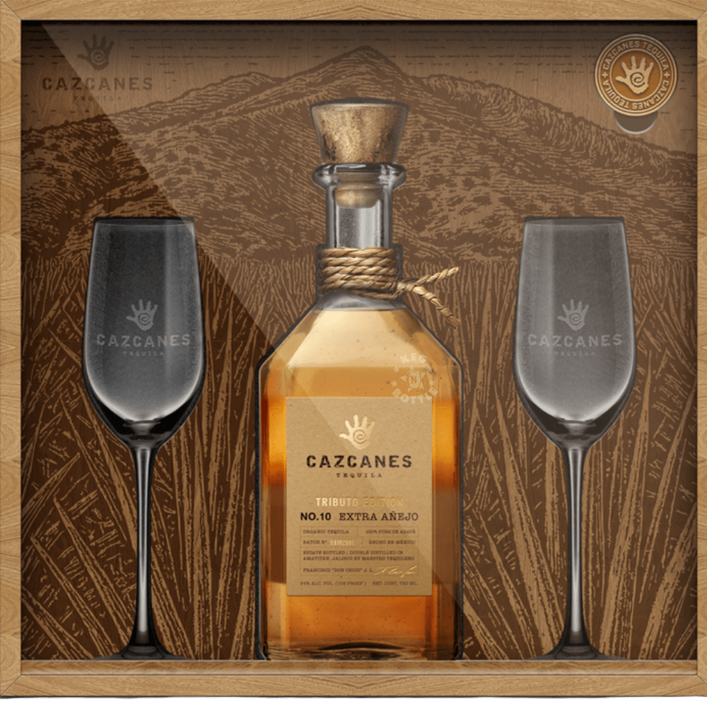 Cazcanes Tributo Edition No. 10 Extra Añejo Tequila limited-edition wooden gift set with collector coin and two Copita glasses.