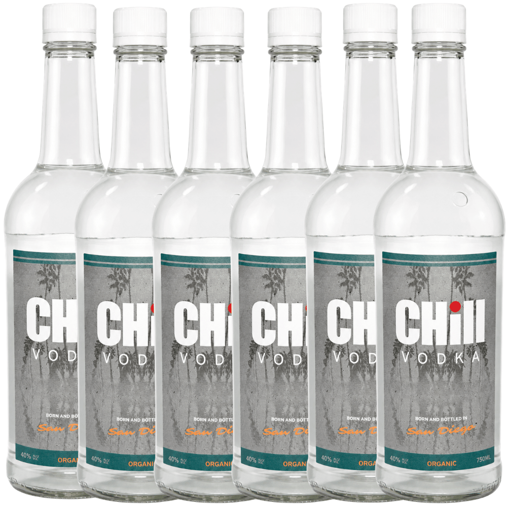Chill Organic Vodka San Diego 750mL clear glass bottle featuring a gray palm tree-inspired label, teal accents, white cap, and 40% ABV branding. 6 Pack 