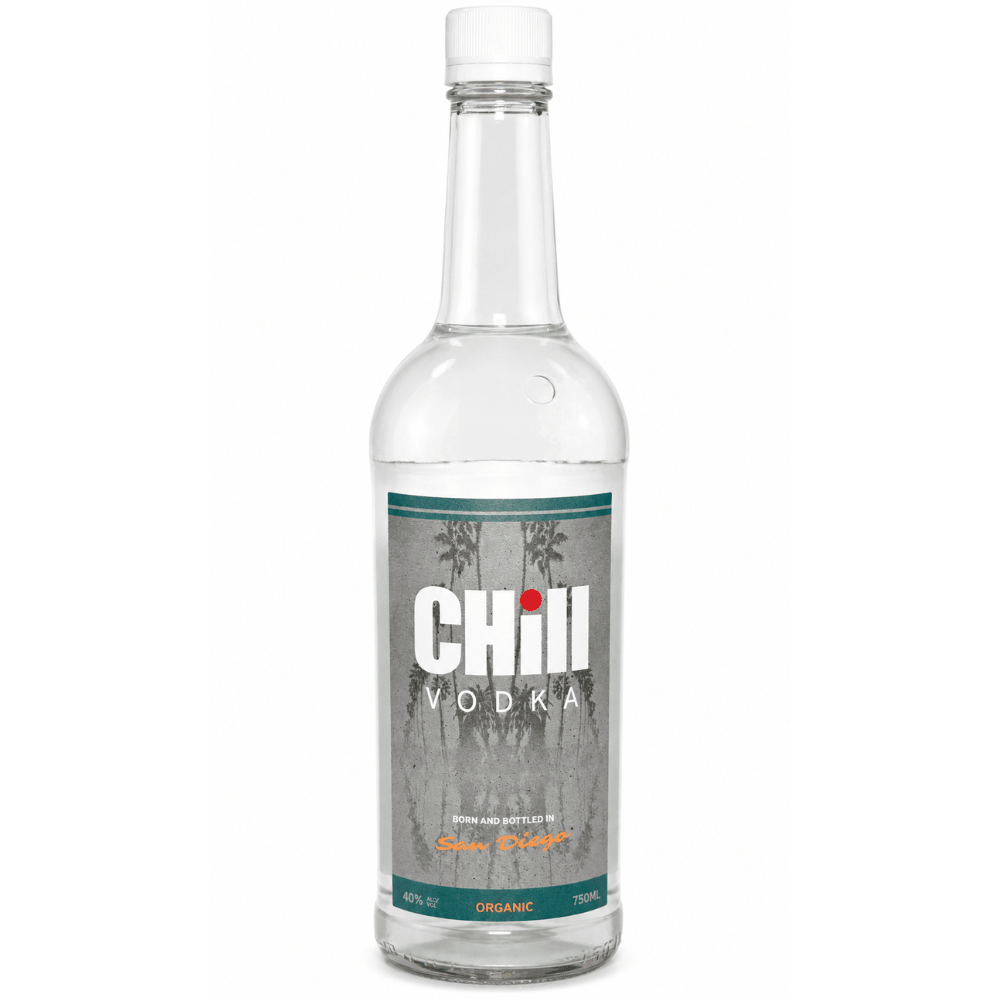 Chill Organic Vodka San Diego 750mL clear glass bottle featuring a gray palm tree-inspired label, teal accents, white cap, and 40% ABV branding.