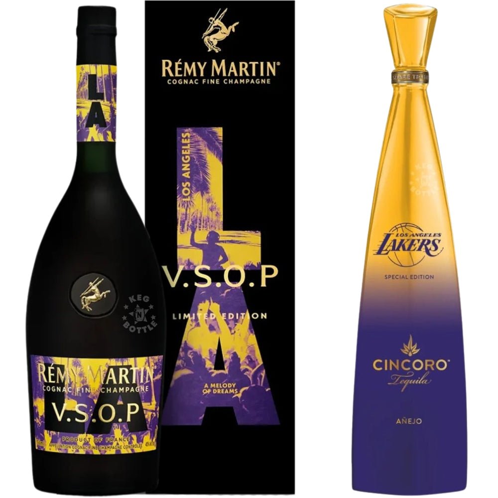 Cincoro Lakers Añejo tequila and Rémy Martin VSOP limited edition cognac combo pack bottles 750ml