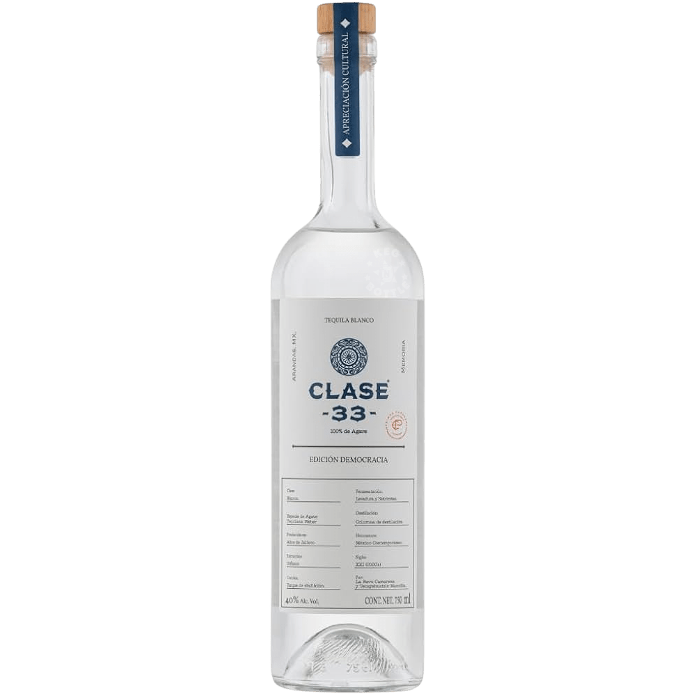Clase 33 Democracia Blanco Tequila 750mL bottle crafted from 100% Blue Weber Agave in the Highlands of Jalisco, Mexico, featuring a modern minimalist design.