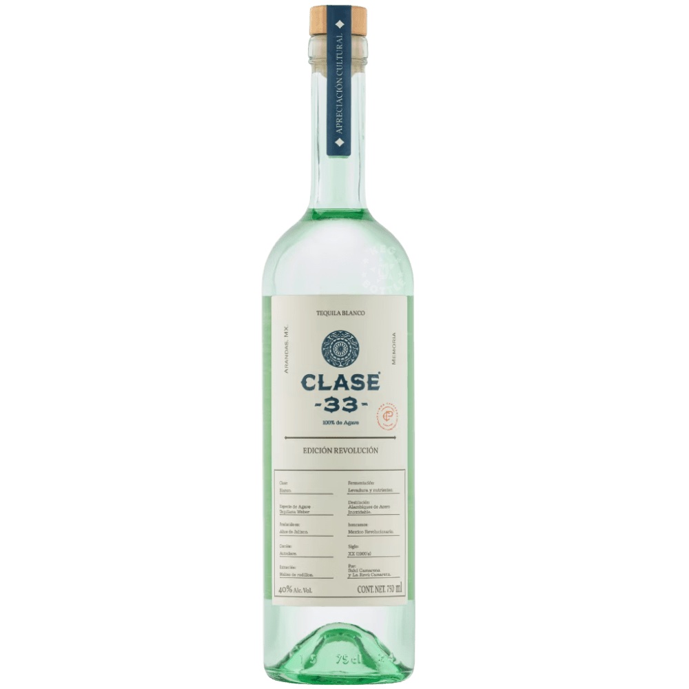 Clase 33 Revolución Blanco Tequila 750mL bottle crafted from 100% Blue Weber Agave in the Highlands of Jalisco, Mexico, inspired by the Mexican Revolution era.