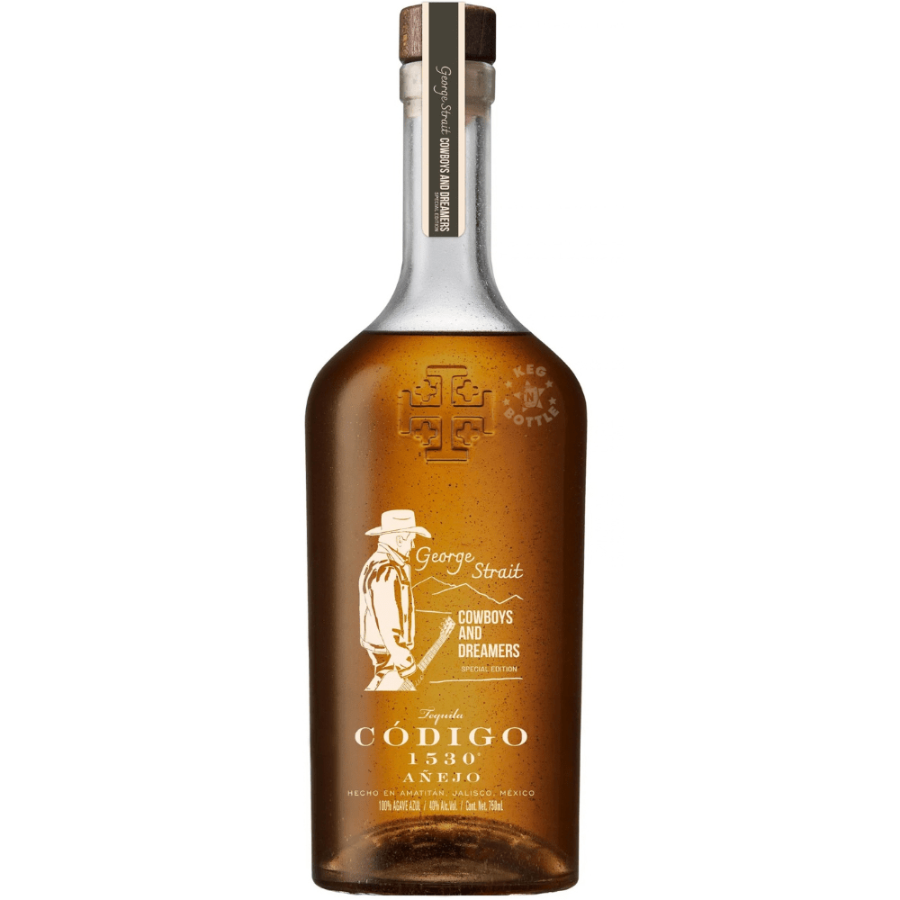 Código 1530 George Strait Cowboys and Dreamers Añejo Tequila 750mL amber bottle featuring George Strait's signature and special-edition cowboy artwork.