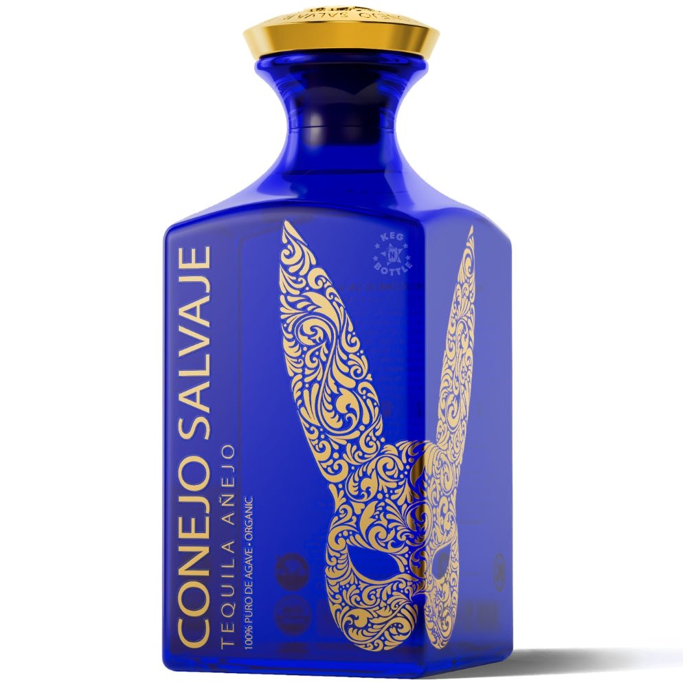 Conejo Salvaje Tequila Añejo 750ml cobalt blue bottle with gold rabbit mask design and gold cap