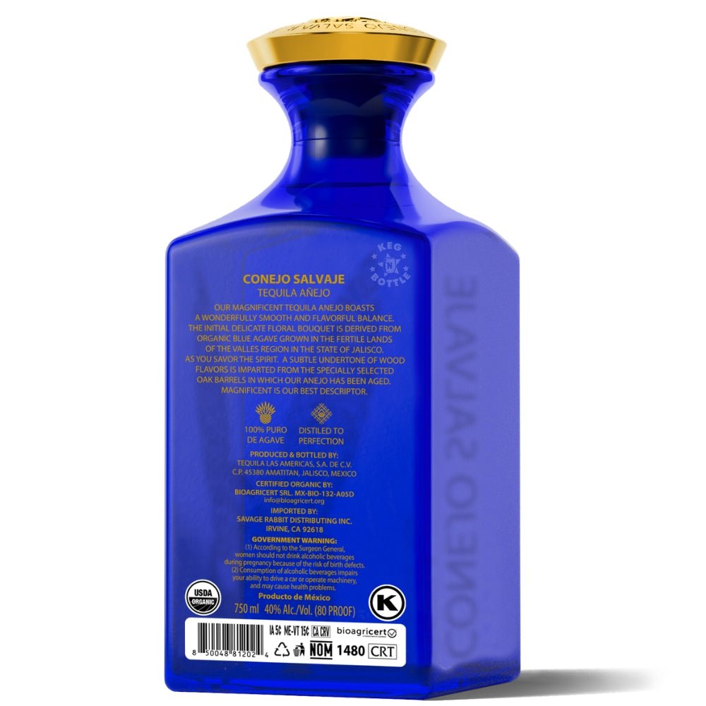Conejo Salvaje Tequila Añejo 750ml cobalt blue bottle with gold rabbit mask design and gold cap Back