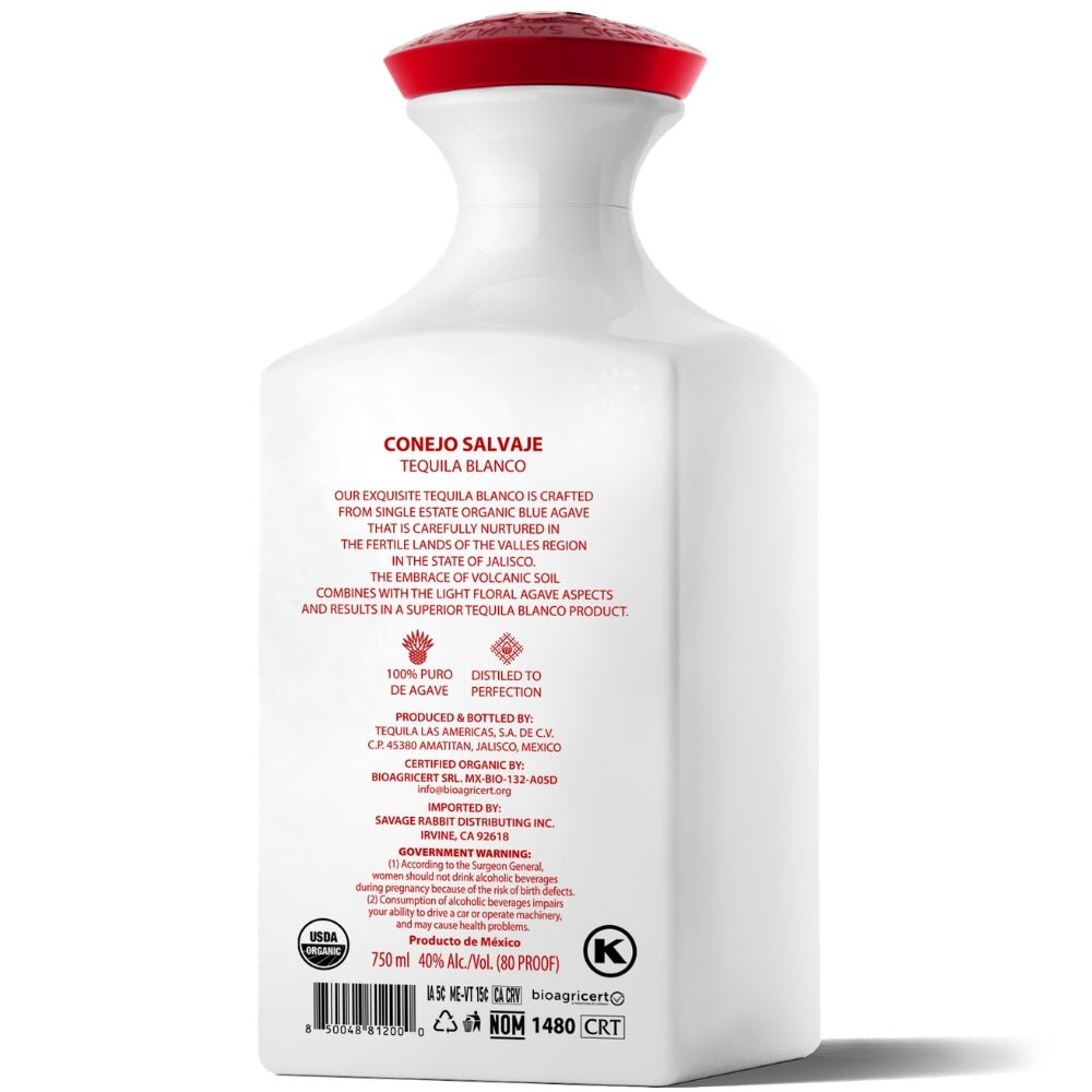 Conejo Salvaje Tequila Blanco Organic 100% Blue Agave 750ml white bottle with red cap and rabbit mask design Back