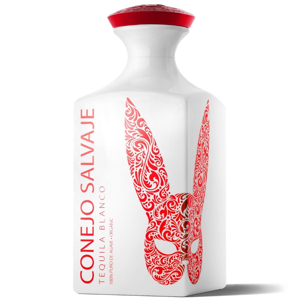 Conejo Salvaje Tequila Blanco Organic 100% Blue Agave 750ml white bottle with red cap and rabbit mask design