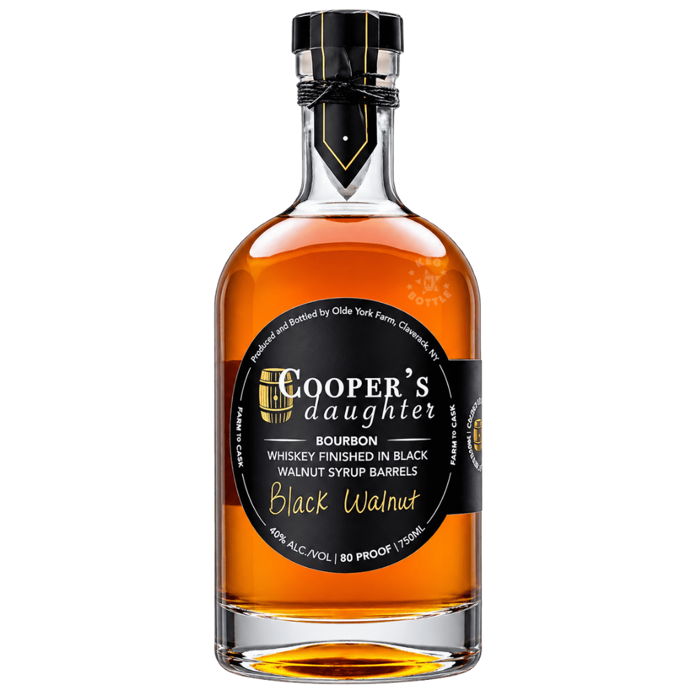Cooper's Daughter Black Walnut Bourbon Whiskey 750mL clear glass bottle featuring amber whiskey, a black and gold label, and 40% ABV / 80 proof branding.