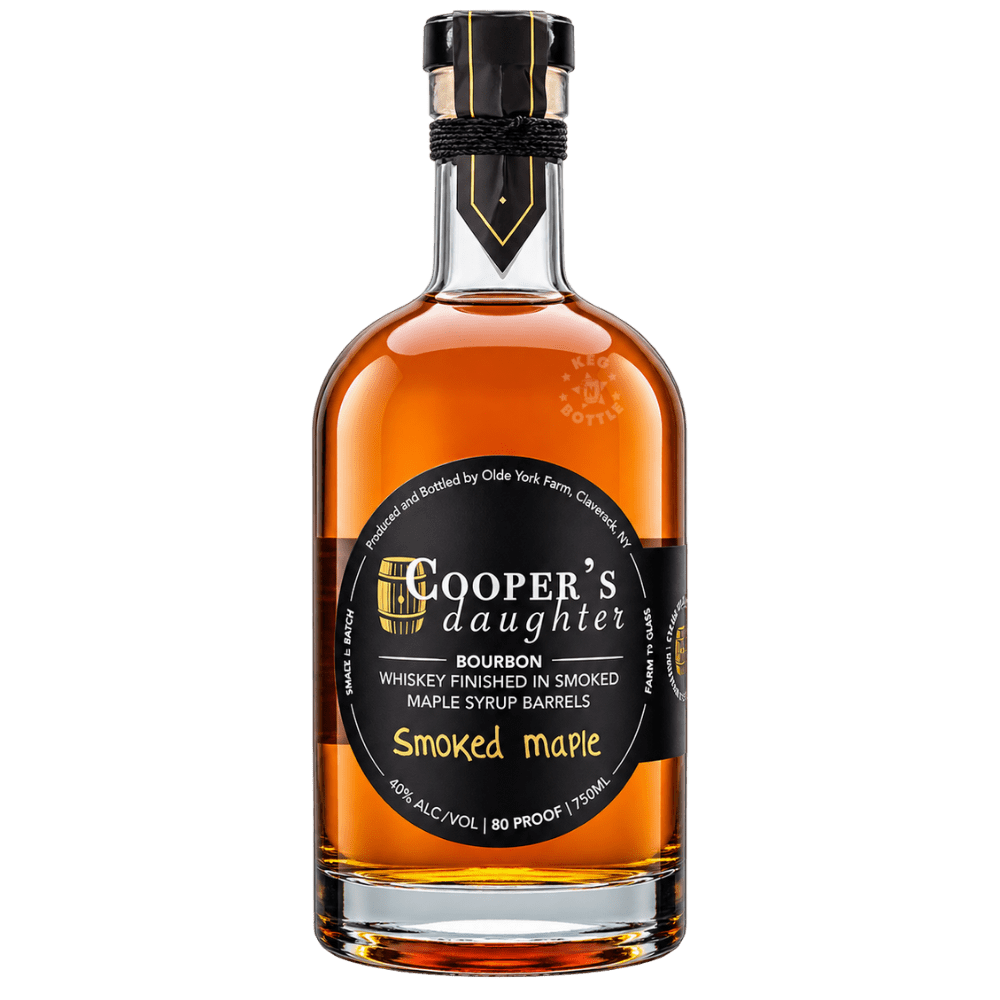 Cooper's Daughter Smoked Maple Bourbon Whiskey 750mL clear glass bottle featuring amber whiskey, a black and gold label, and 40% ABV / 80 proof branding.