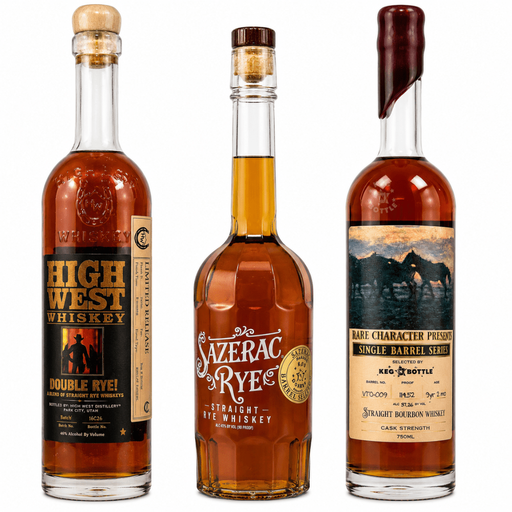 Country Combo Pack featuring Wine Country Bourbon, Keg N Bottle It's Country Single Barrel Bourbon, and Rare Character Presents Single Barrel Series Cask Strength Bourbon, three 750mL bourbon bottles. 2