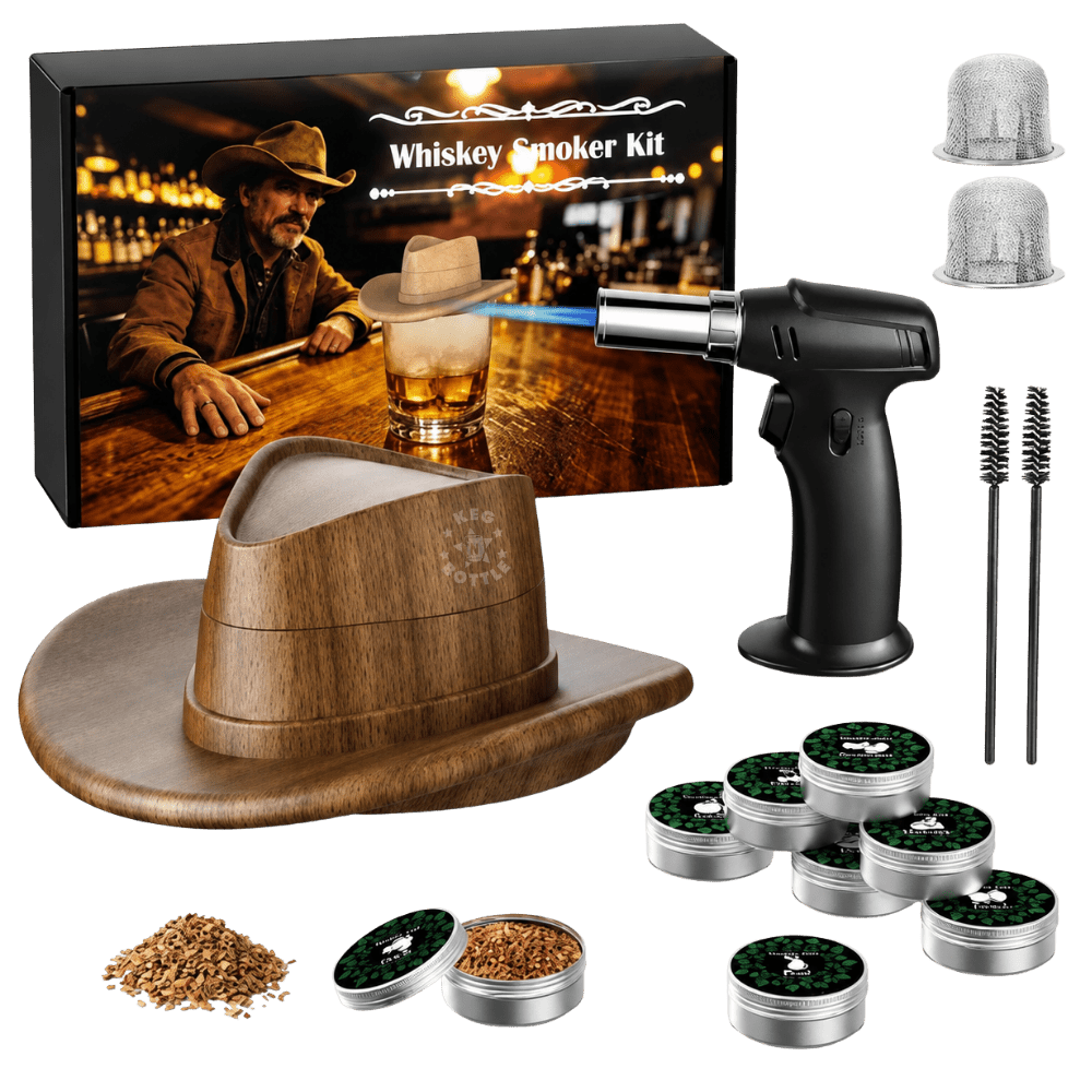 Cowboy Smoker Kit with Torch featuring a cowboy hat-shaped cocktail smoker, handheld torch, smoking wood chips, metal screens, cleaning brushes, and accessories. 2