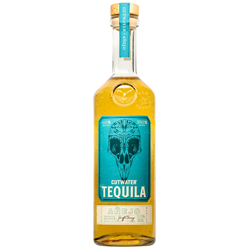Bottle of Cutwater Tequila Añejo 100% blue agave tequila with turquoise skull label and premium aged tequila design