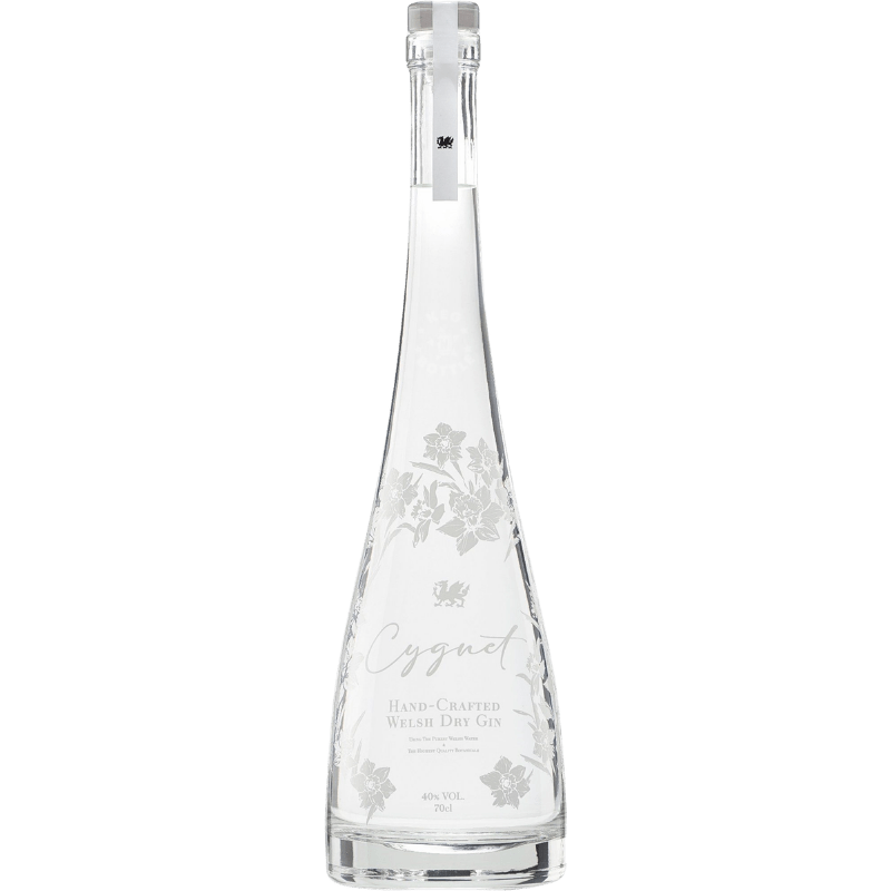 Cygnet Welsh Dry Gin Blend of Botanicals 700mL frosted glass bottle.