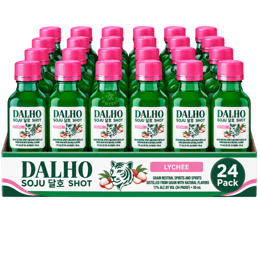 Dalho Lychee Soju Shot 24-Pack featuring 24 individual 50mL mini bottles of lychee flavored soju.