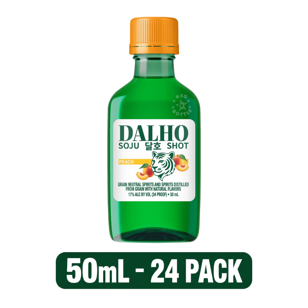 Dalho Peach Soju Shot 24-Pack featuring 24 individual 50mL mini bottles of peach flavored soju. 2