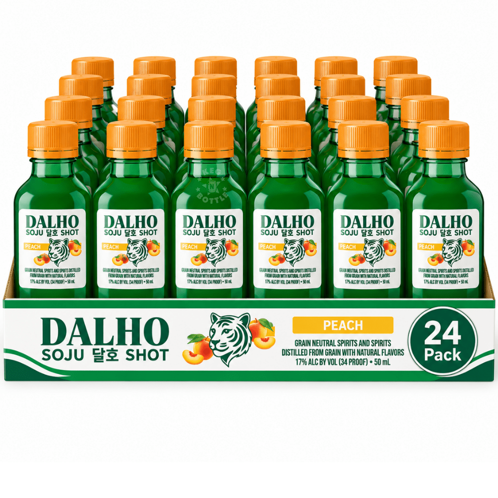 Dalho Peach Soju Shot 24-Pack featuring 24 individual 50mL mini bottles of peach flavored soju.