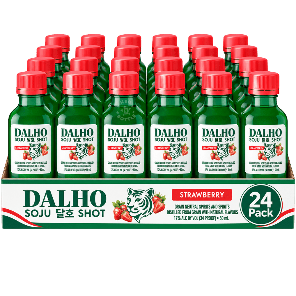 Dalho Strawberry Soju Shot 24-Pack featuring 24 individual 50mL mini bottles of strawberry flavored soju.