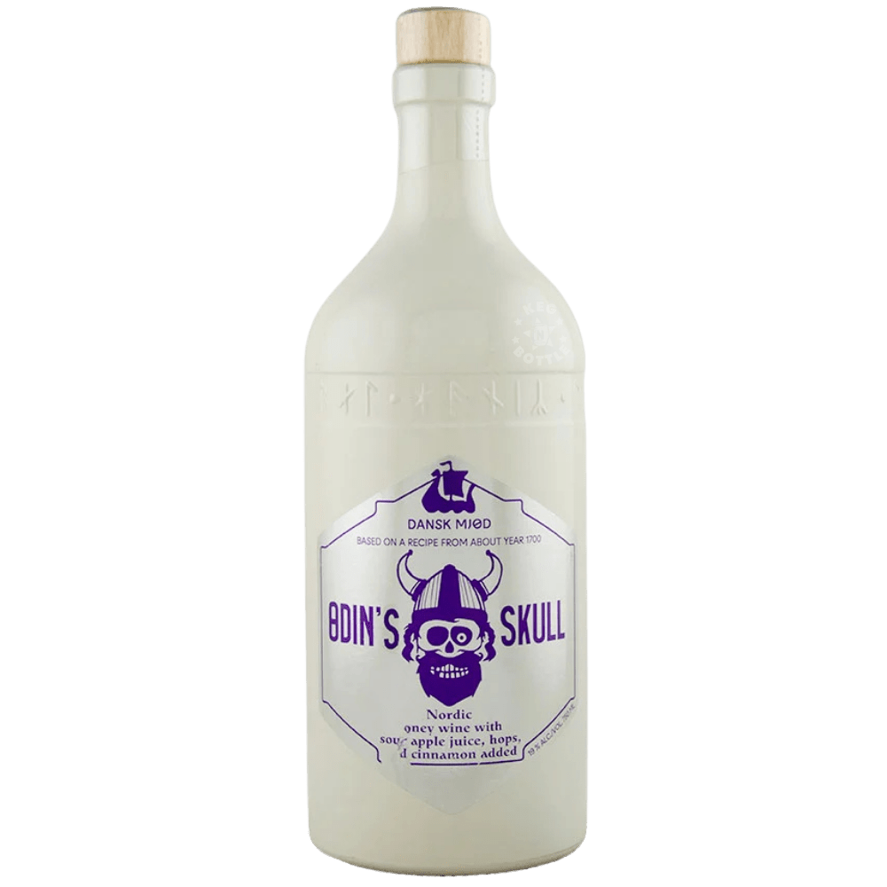 Dansk Mjød Odin’s Skull Nordic Honey Wine 750mL with sour apple juice, hops and cinnamon.