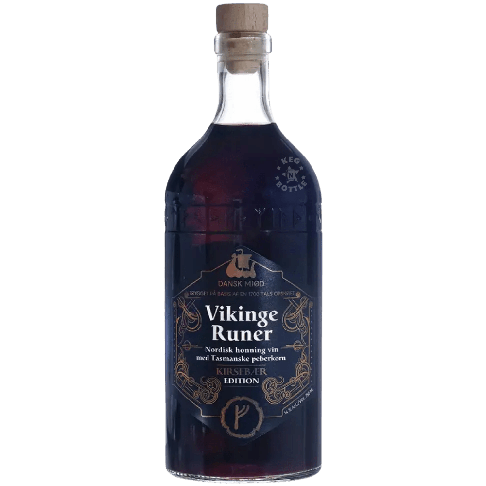 Dansk Mjød Viking Runes Kirsebær Edition Nordic Honey Wine 750mL with sour cherries and Tasmanian pepper.