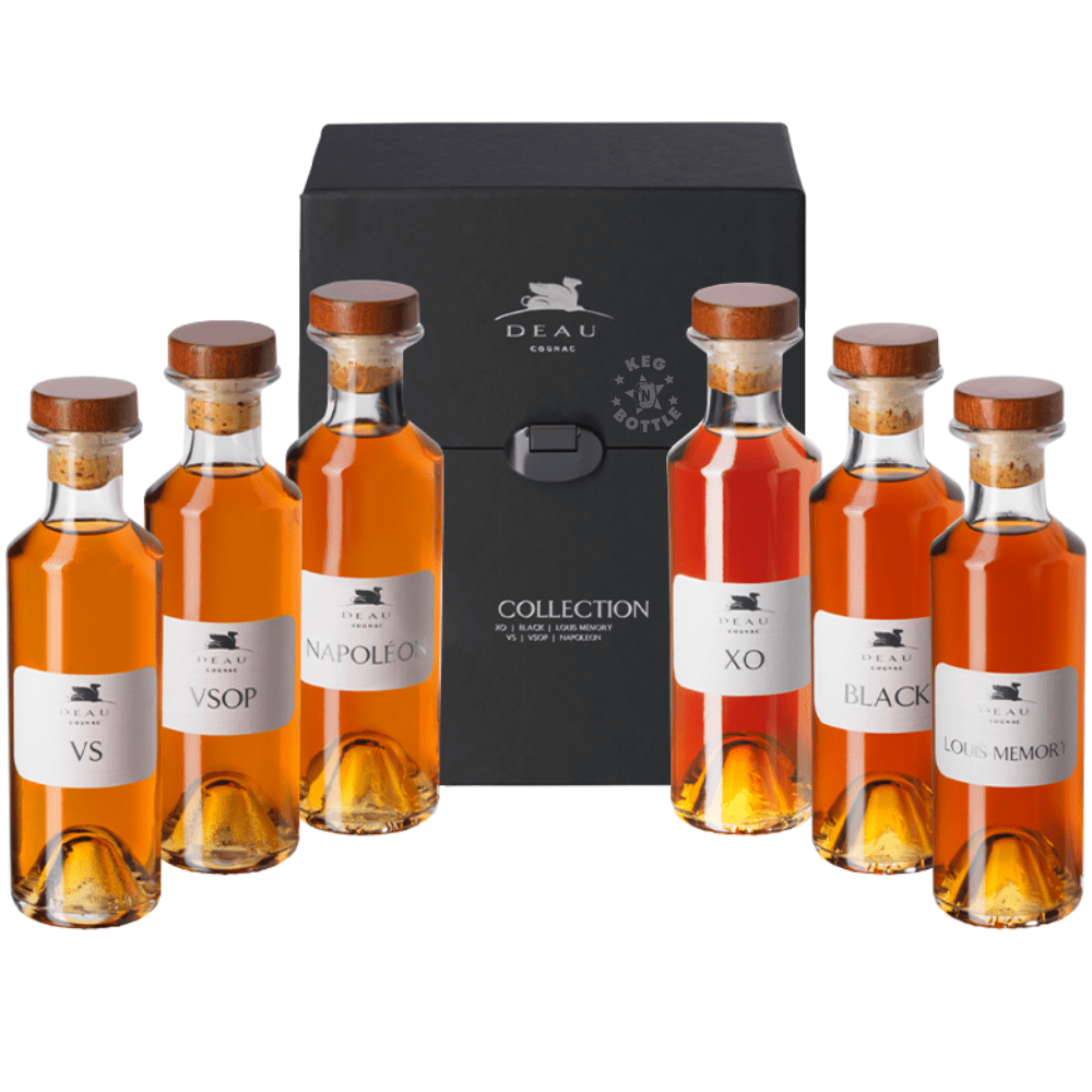 DEAU La Collection Cognac tasting gift set with six 200mL bottles and black presentation case.