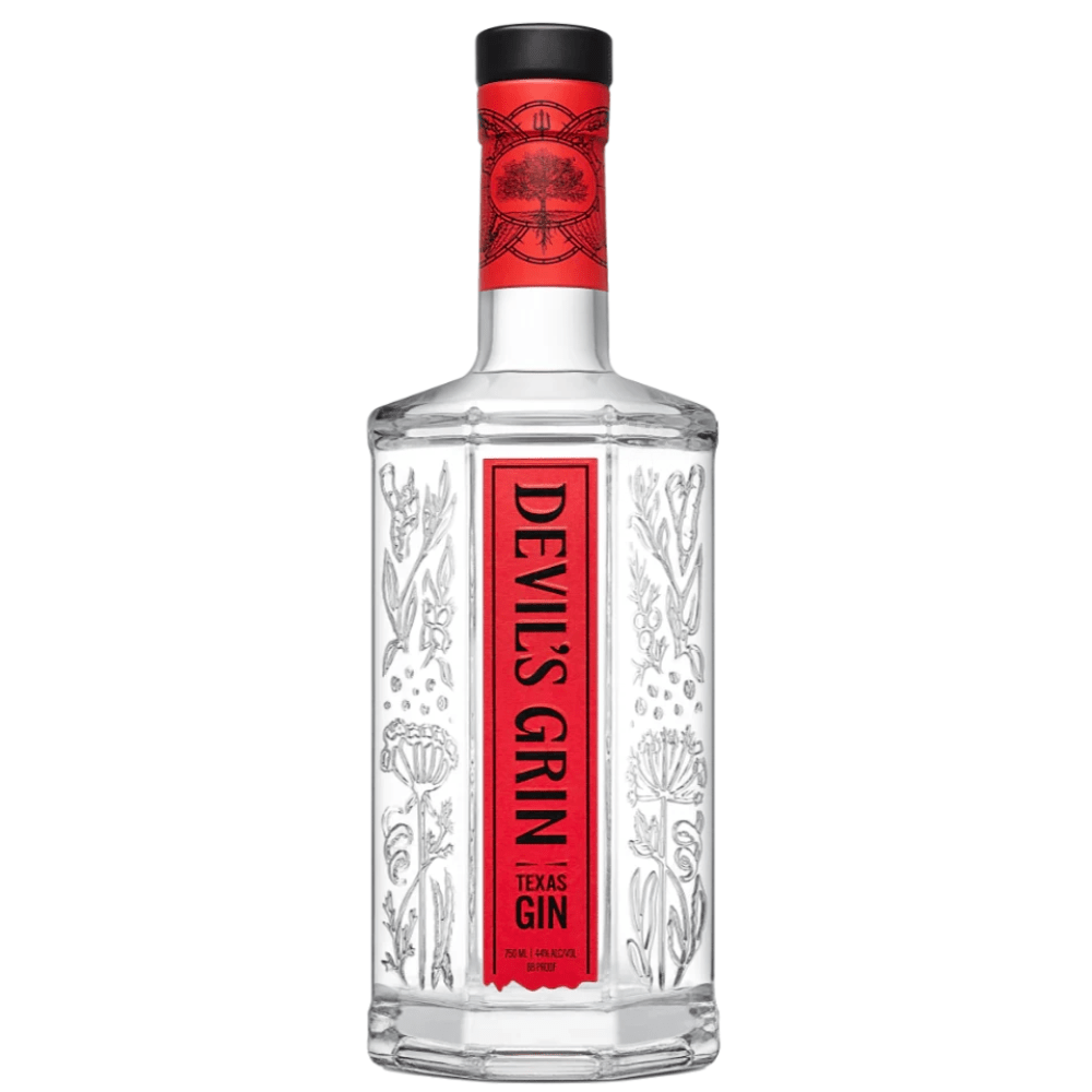 Devil's Grin Texas Gin 750mL bottle at 44% ABV and 88 proof with distinctive red label.