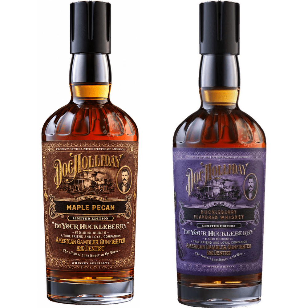 Doc Holliday I'm Your Huckleberry Limited Edition Whiskey Combo Pack featuring Maple Pecan whiskey with a brown label and Huckleberry flavored whiskey with a purple label, two 750mL bottles.