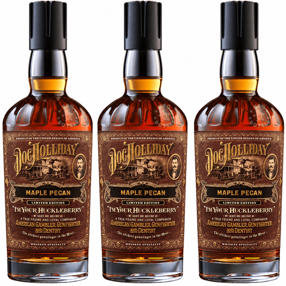 Doc Holliday Maple Pecan Limited Edition I'm Your Huckleberry flavored whiskey bottle featuring a vintage Western-inspired brown and gold label. - 3 Pack