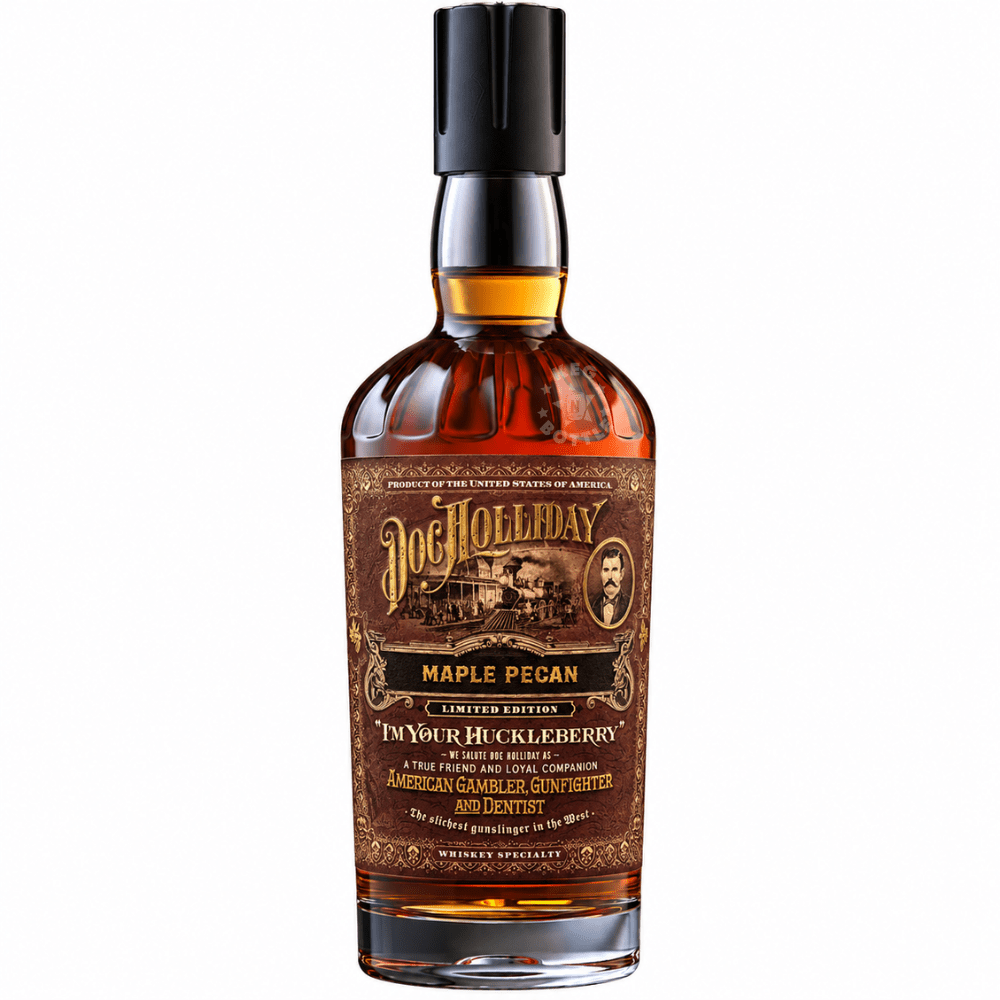 Doc Holliday Maple Pecan Limited Edition I'm Your Huckleberry flavored whiskey bottle featuring a vintage Western-inspired brown and gold label.