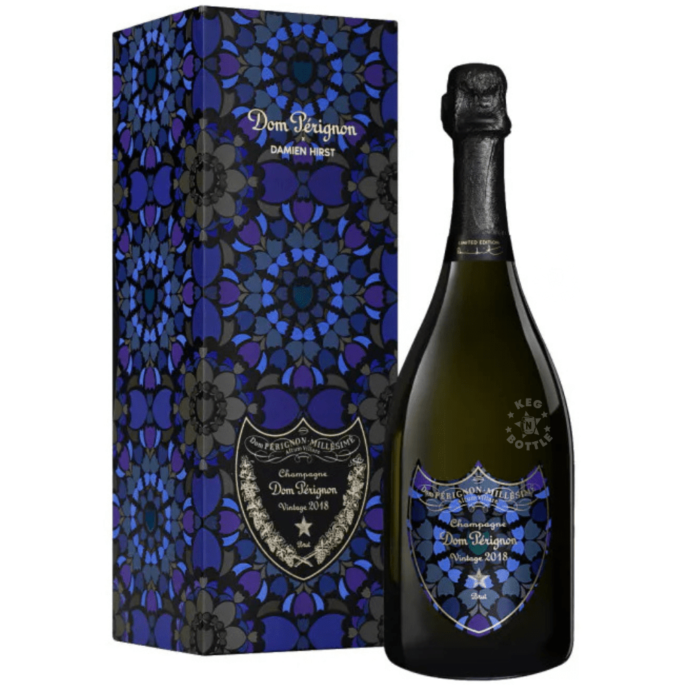 Dom Pérignon x Damien Hirst Limited Edition Brut Champagne 750mL bottle with blue and purple floral artwork and matching collectible gift box.