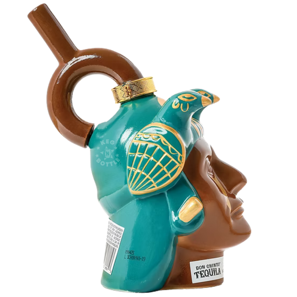 Don Chinto Moche Vessel Head Añejo Tequila in handcrafted ceramic bottle inspired by ancient Moche pottery with turquoise and gold decorative accents3