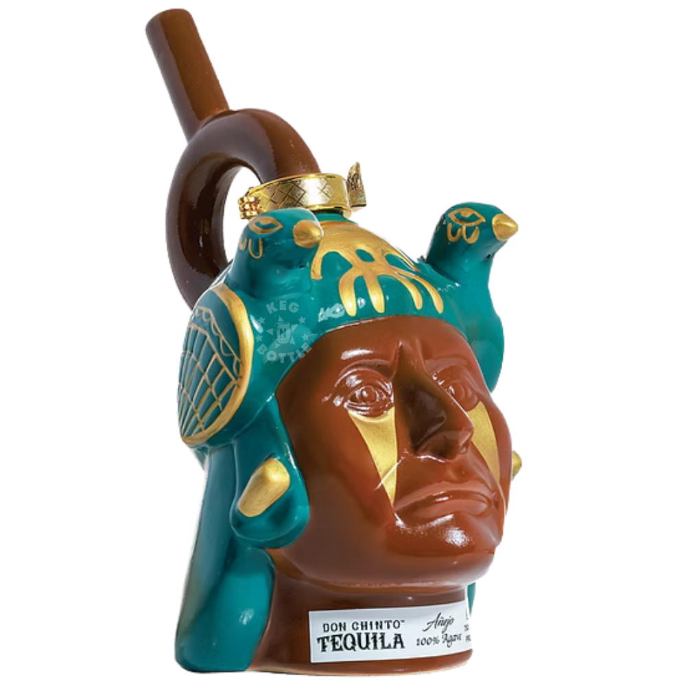 Don Chinto Moche Vessel Head Añejo Tequila in handcrafted ceramic bottle inspired by ancient Moche pottery with turquoise and gold decorative accents  2