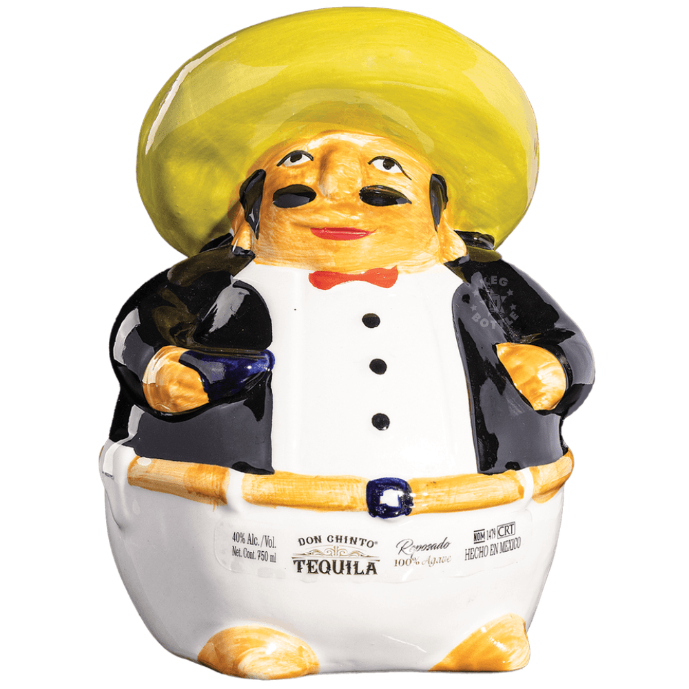 Don Chinto Mexican Hombre Reposado Tequila 750mL handcrafted ceramic decanter featuring a Mexican gentleman wearing a sombrero, available in Black or Yellow, shipped randomly based on availability.
