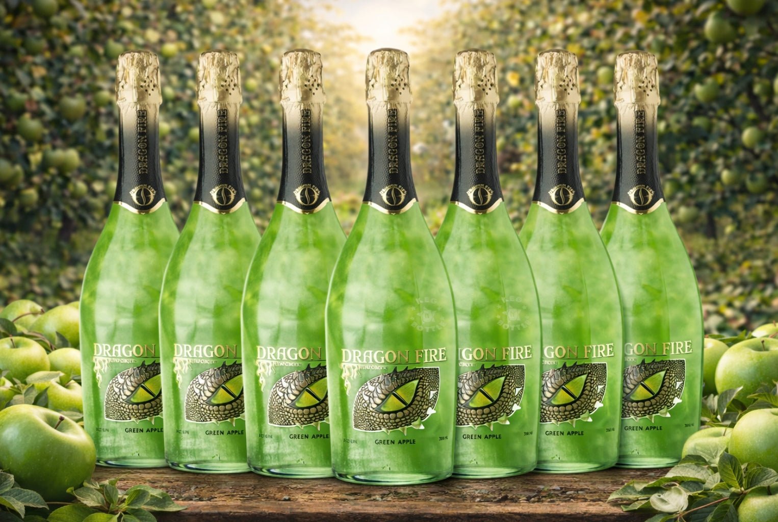 Dragon Fire Green Apple Wine bottles featuring bright green wine in dragon-themed glass bottles. 7 Pack Background