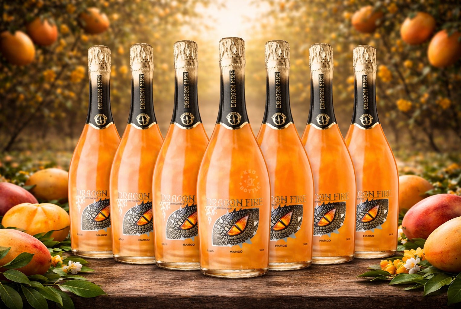 Dragon Fire Mango Wine bottles featuring bright golden mango wine in dragon-themed glass bottles- Pack of 7 Background