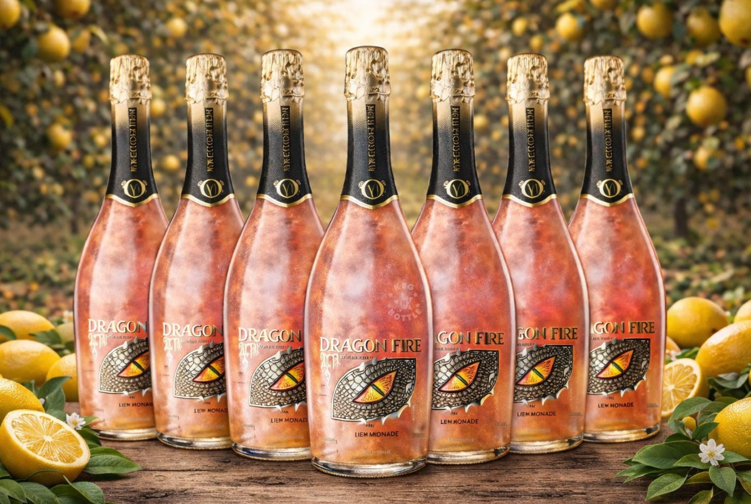 Dragon Fire Pink Lemonade Wine bottles featuring blush pink wine in dragon-themed glass bottles. - 7 Pack Background