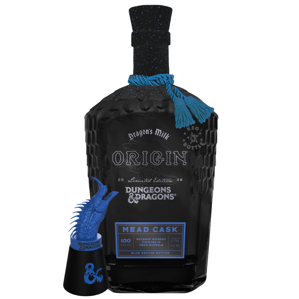 Dragon's Milk Origin Dungeons & Dragons Mead Cask Blue Dragon Edition Bourbon Whiskey 750mL black bottle with blue accents, decorative tassel, and blue dragon accessory.