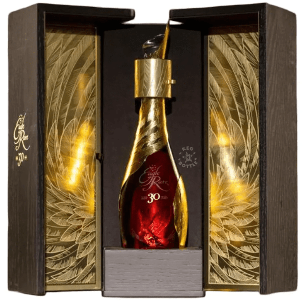 Eagle Rare 30 Year Kentucky Straight Bourbon Whiskey 750mL luxury decanter presented in an ornate display case.