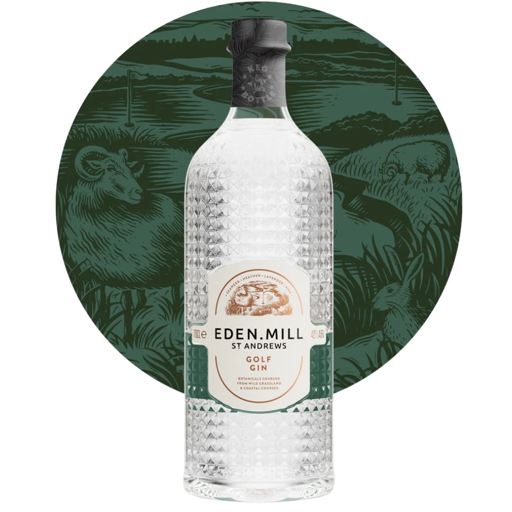 Eden Mill Golf Gin bottle on sand with shadows

