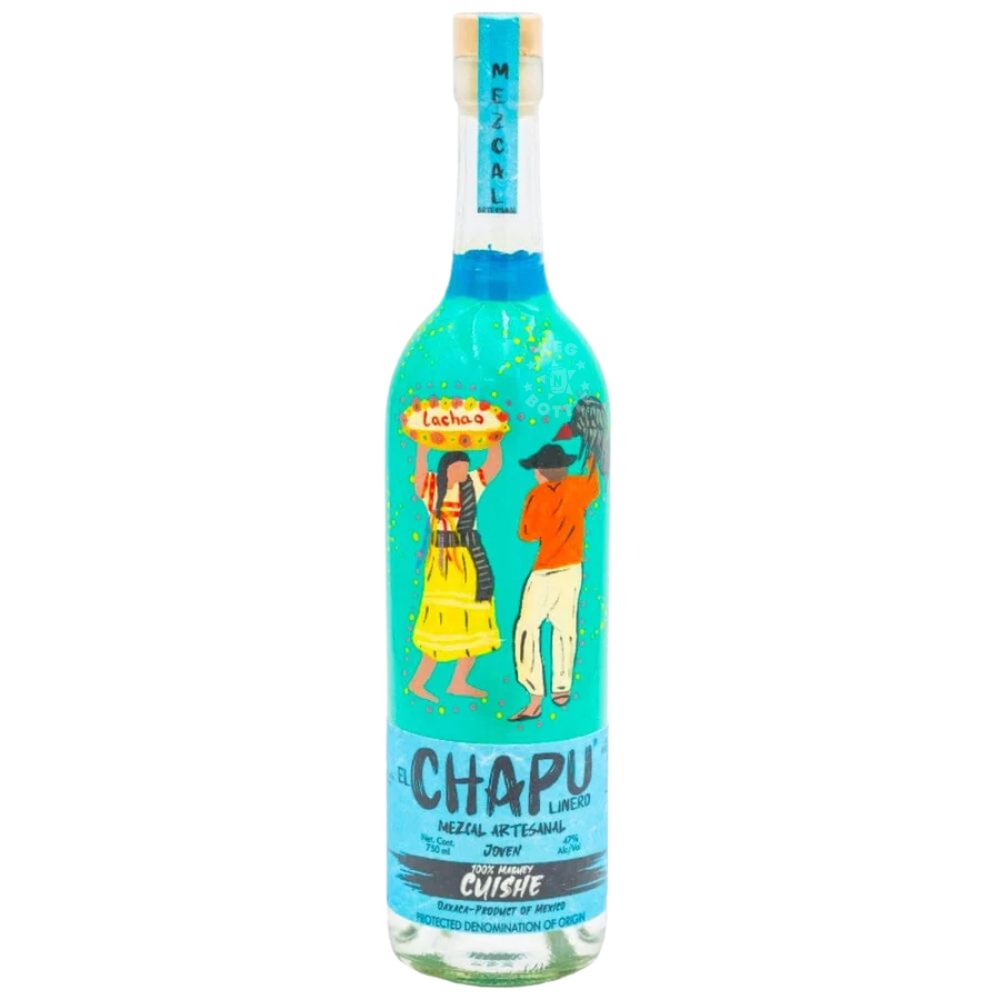 El Chapu Linero Cuishe Mezcal Artesanal 750mL bottle featuring a vibrant turquoise label, colorful Mexican folk-art illustrations, and Cuishe agave branding.