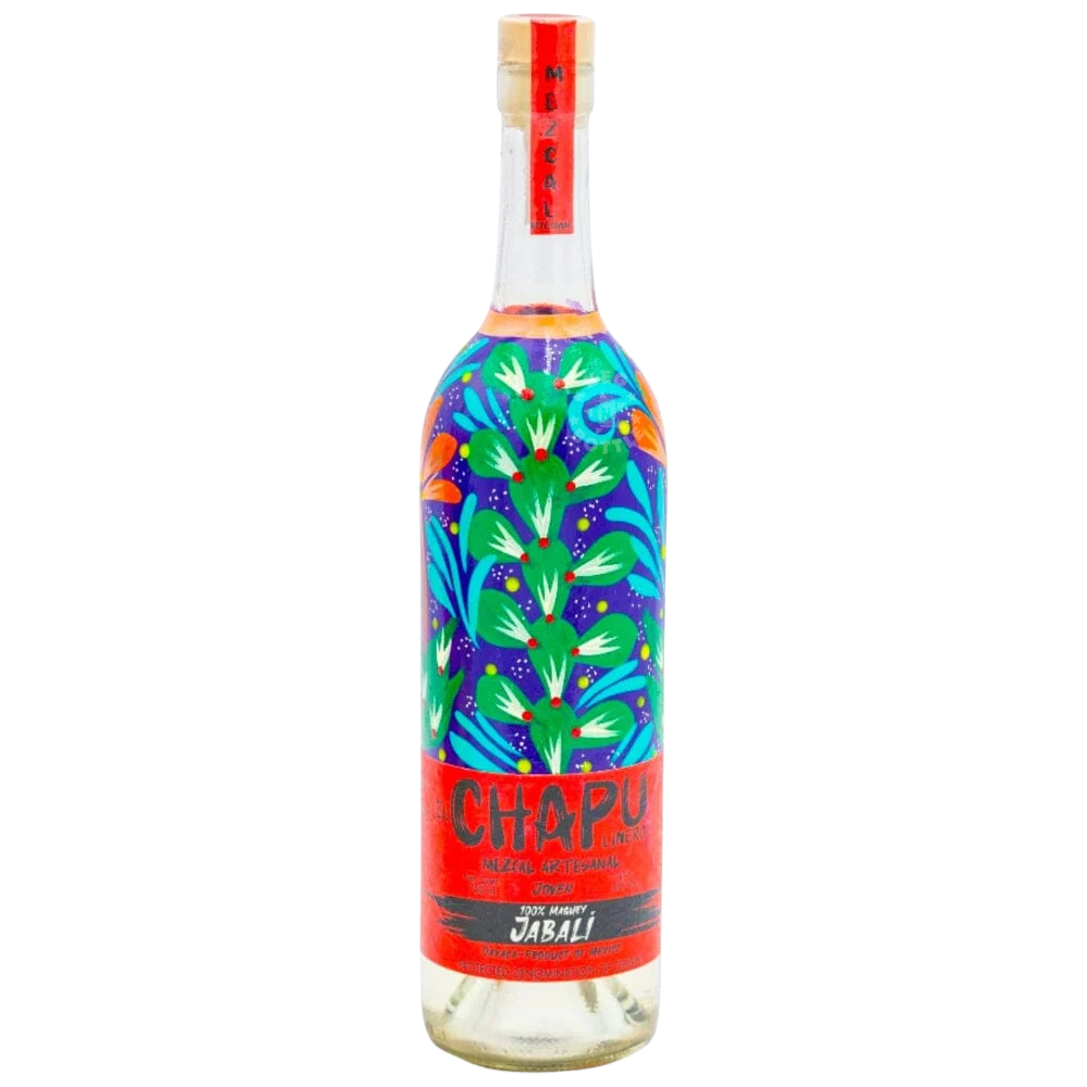 El Chapu Linero Jabalí Mezcal Artesanal 750mL bottle featuring vibrant green, blue, and purple floral artwork, a bright red label, and Jabalí branding.