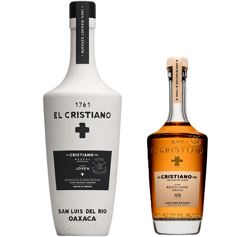 El Cristiano Mezcal & Reposado XR Bundle featuring Joven Maguey Espadín Mezcal 750mL and Reposado XR Tequila 200mL bottles.