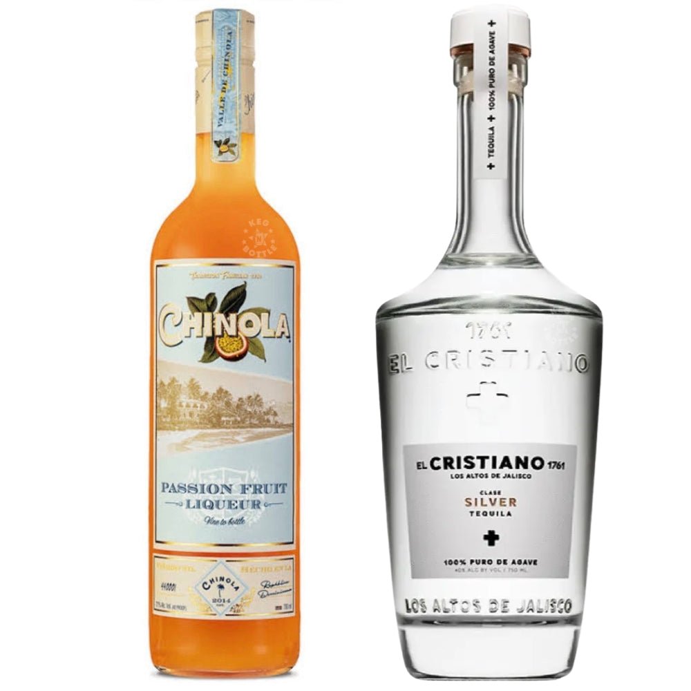 El Cristiano Passion Fruit Margarita Combo with El Cristiano Silver Tequila and Chinola Passion Fruit Liqueur bottles.