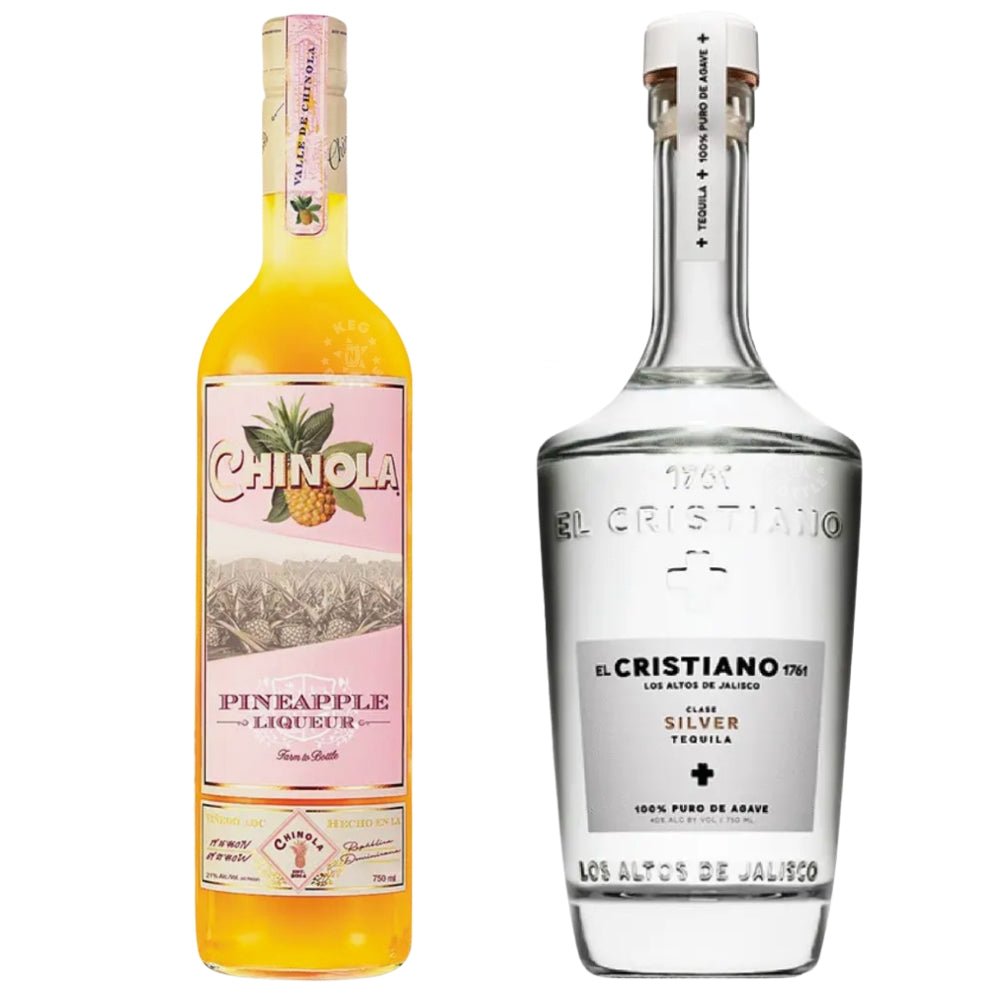 El Cristiano Pineapple Margarita combo – bottles of El Cristiano Silver Tequila and Chinola Pineapple Liqueur side by side.