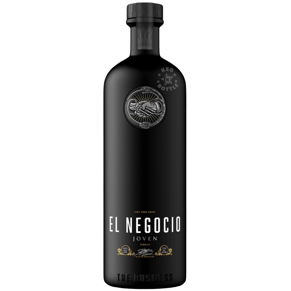 Matte black bottle of El Negocio Joven Tequila made from 100% puro agave with minimalist premium design