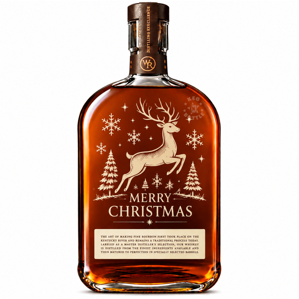 Engraved Christmas Woodford Reserve Bourbon Whiskey 750mL featuring Reindeer engraving designs.