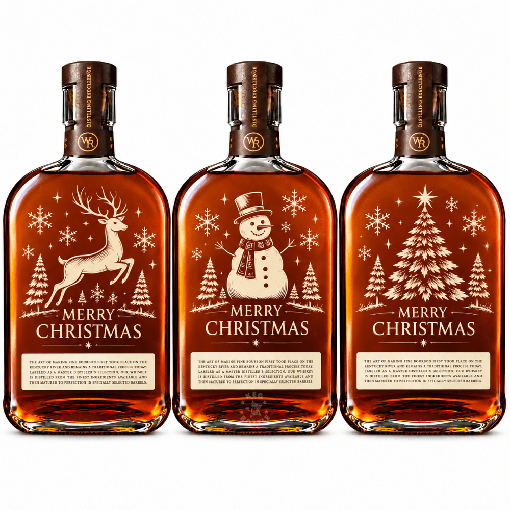 Engraved Christmas Woodford Reserve Bourbon Whiskey 750mL featuring Christmas Tree, Snowman, and Reindeer engraving designs.