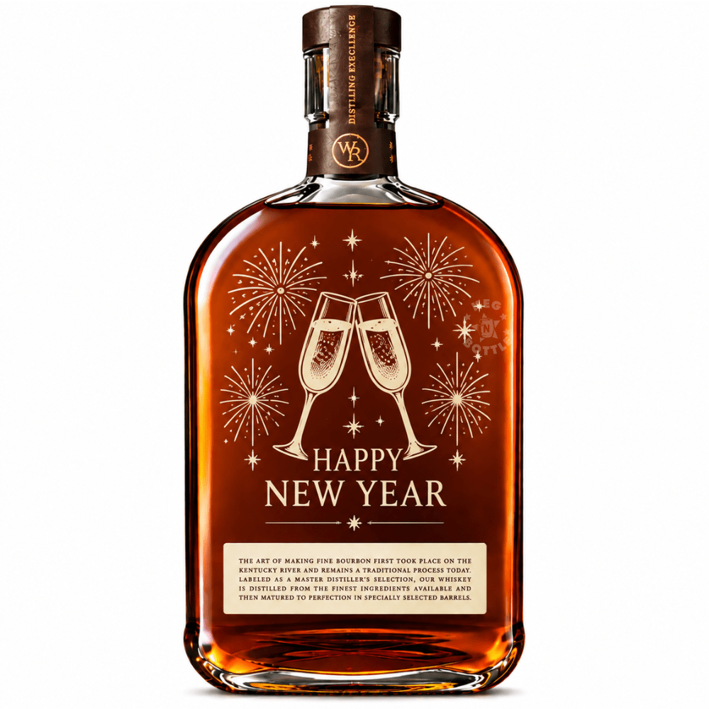 Engraved New Year Woodford Reserve Bourbon Whiskey 750mL featuring Champagne Glasses designs.