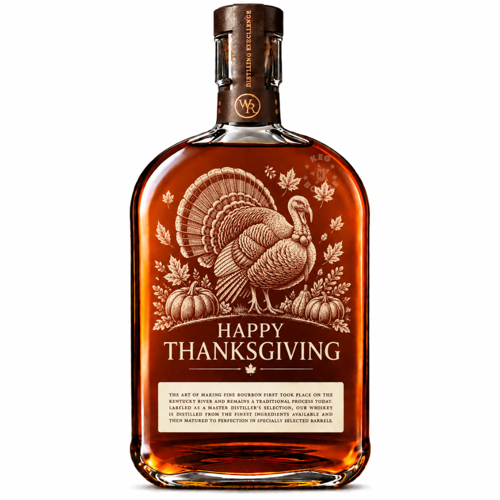 Engraved Thanksgiving Woodford Reserve Bourbon Whiskey 750mL featuring Turkey engraving designs.